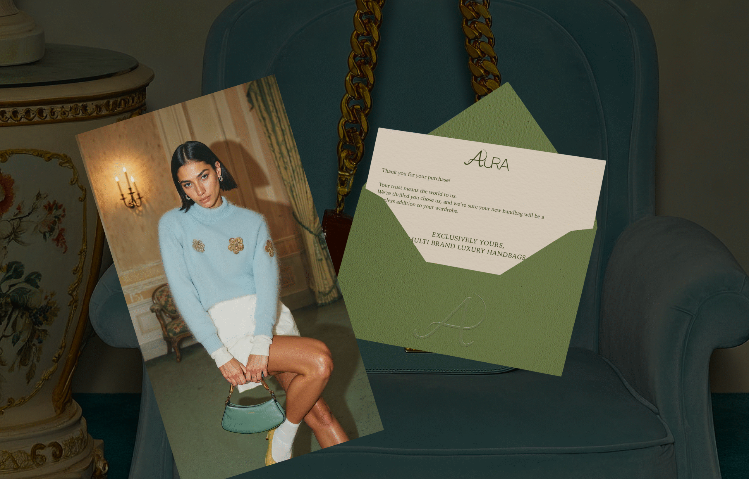 Brand identity and packaging design for AURA multi-brand luxury handbags brand