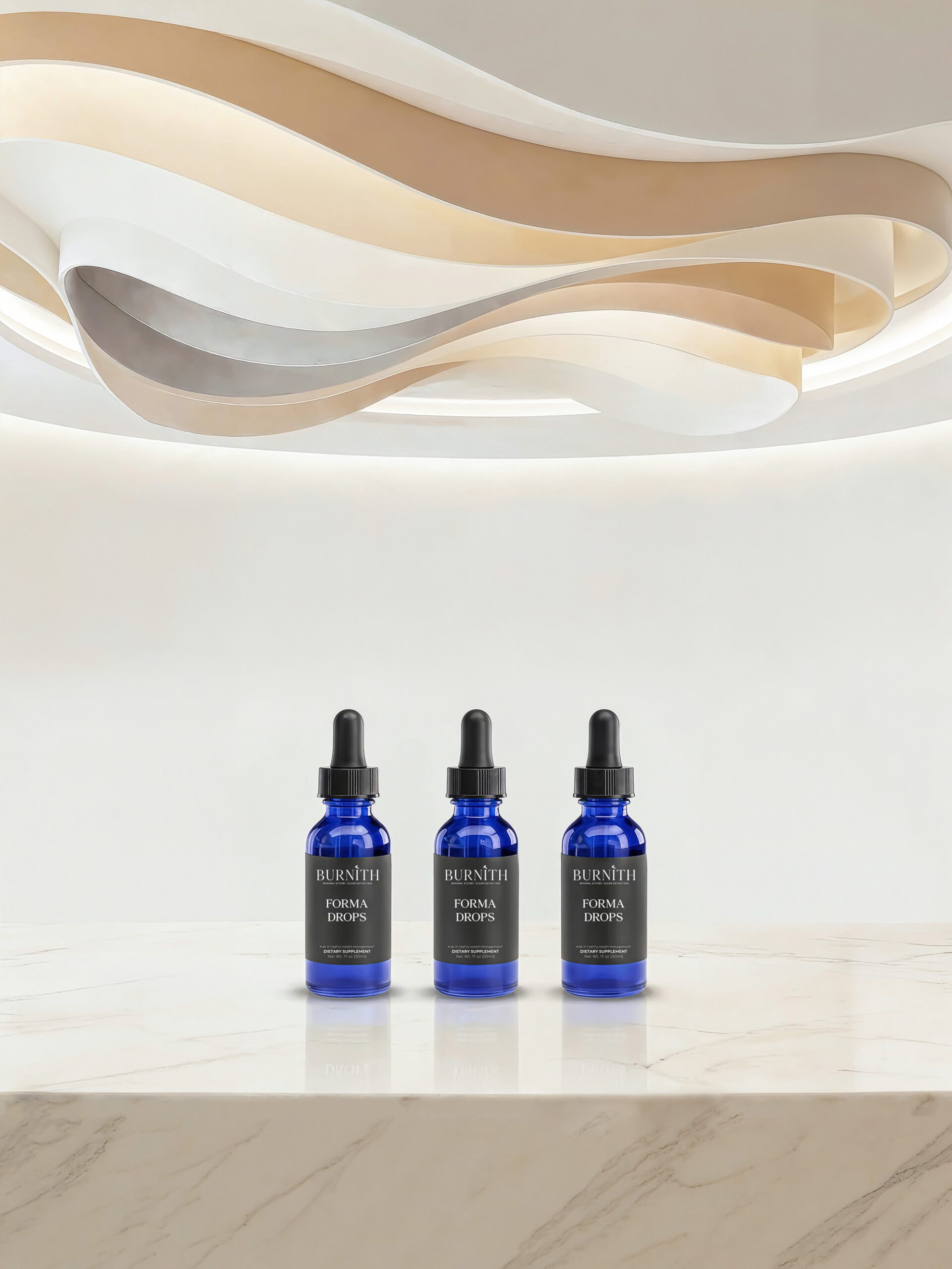 AI product photography for Burnith Forma Drops supplements in luxury marble setting