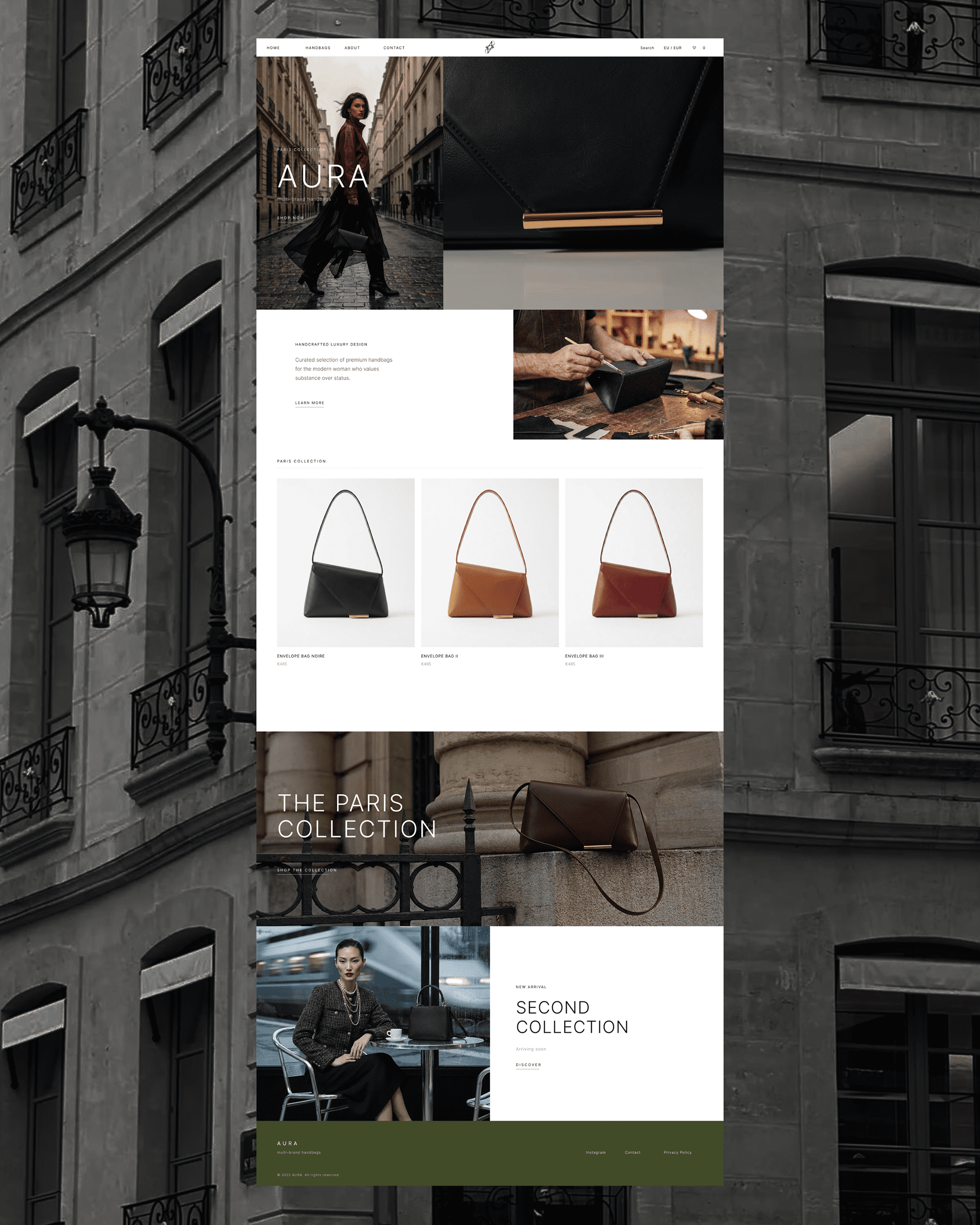 Website design concept for AURA luxury multi-brand handbags e-commerce